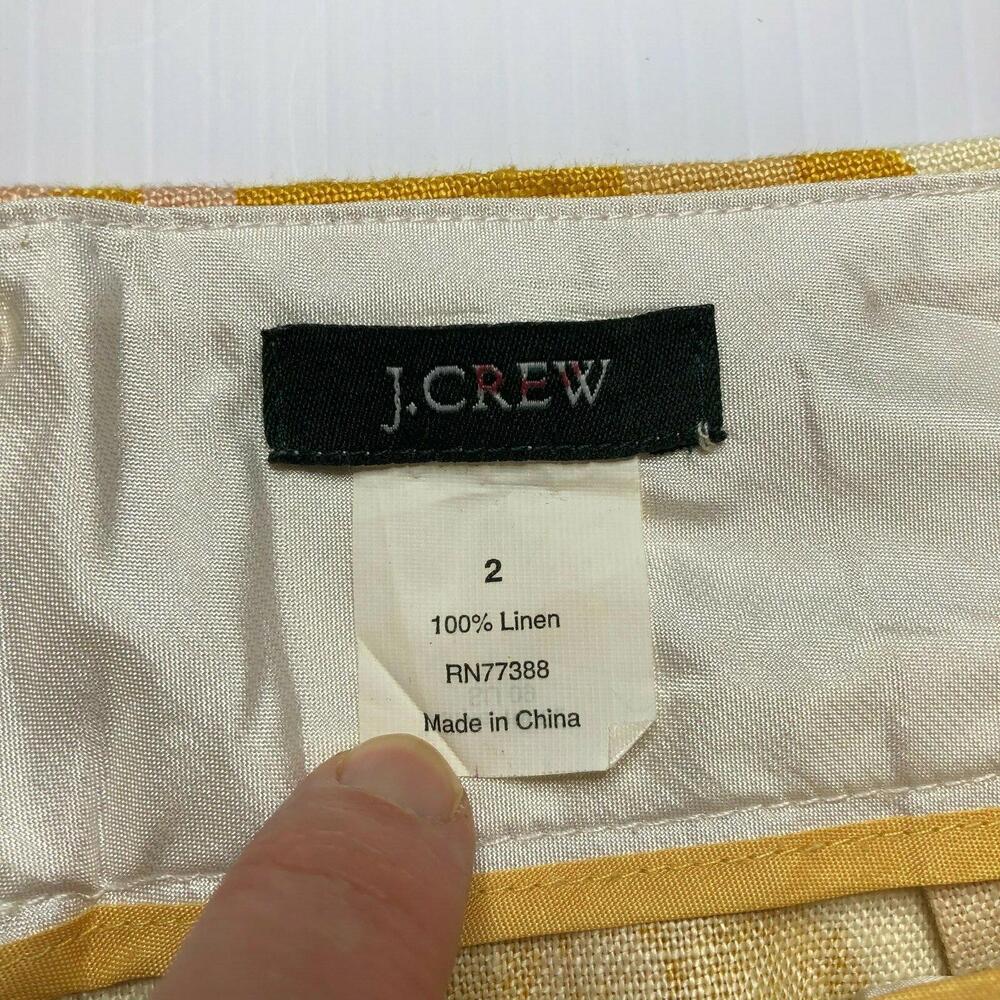J Crew Patterned Pencil Skirt Yellow 100% Linen Pockets Kick Pleat Knee Length 2 - Picture 4 of 8